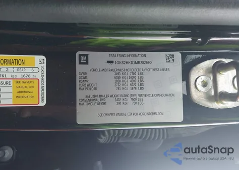 2021 GMC Yukon Xl K1500 At4 z USA, uszkodzony, nr VIN 1GKS2HKD1MR282690